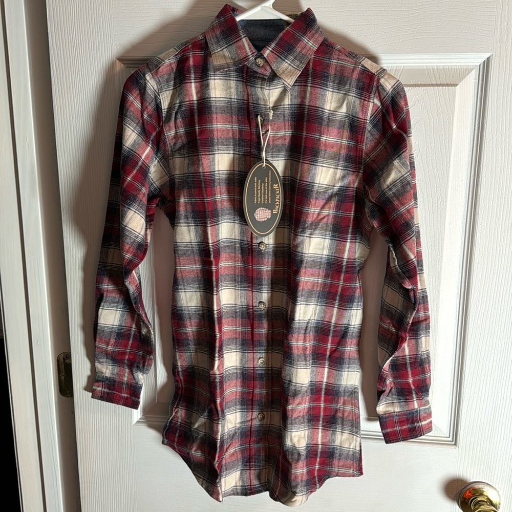 Backpacker brand, red/blue/white button-up flannel shirt.  brand new!